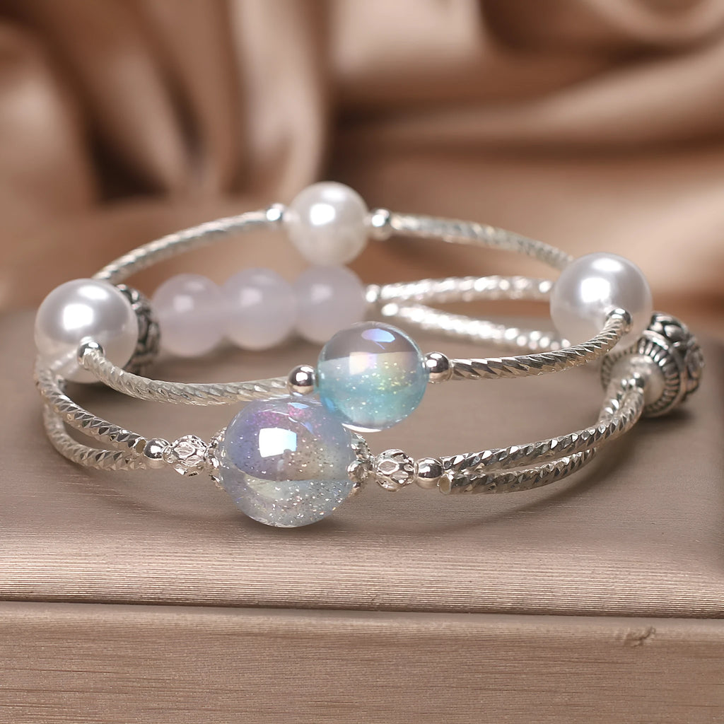 Light blue agate multi-circle twin crystal bracelet for women ethnic style travel gift