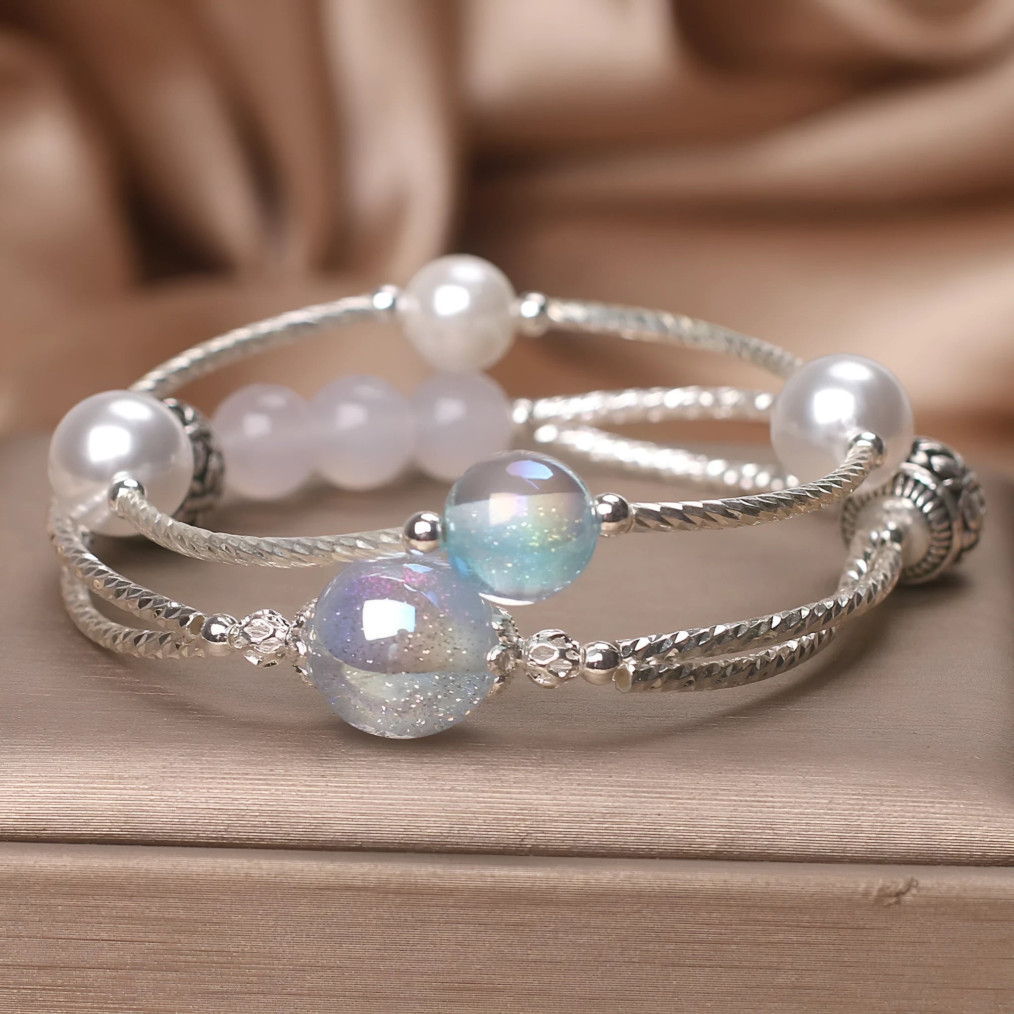 Light blue agate multi-circle twin crystal bracelet for women ethnic style travel gift