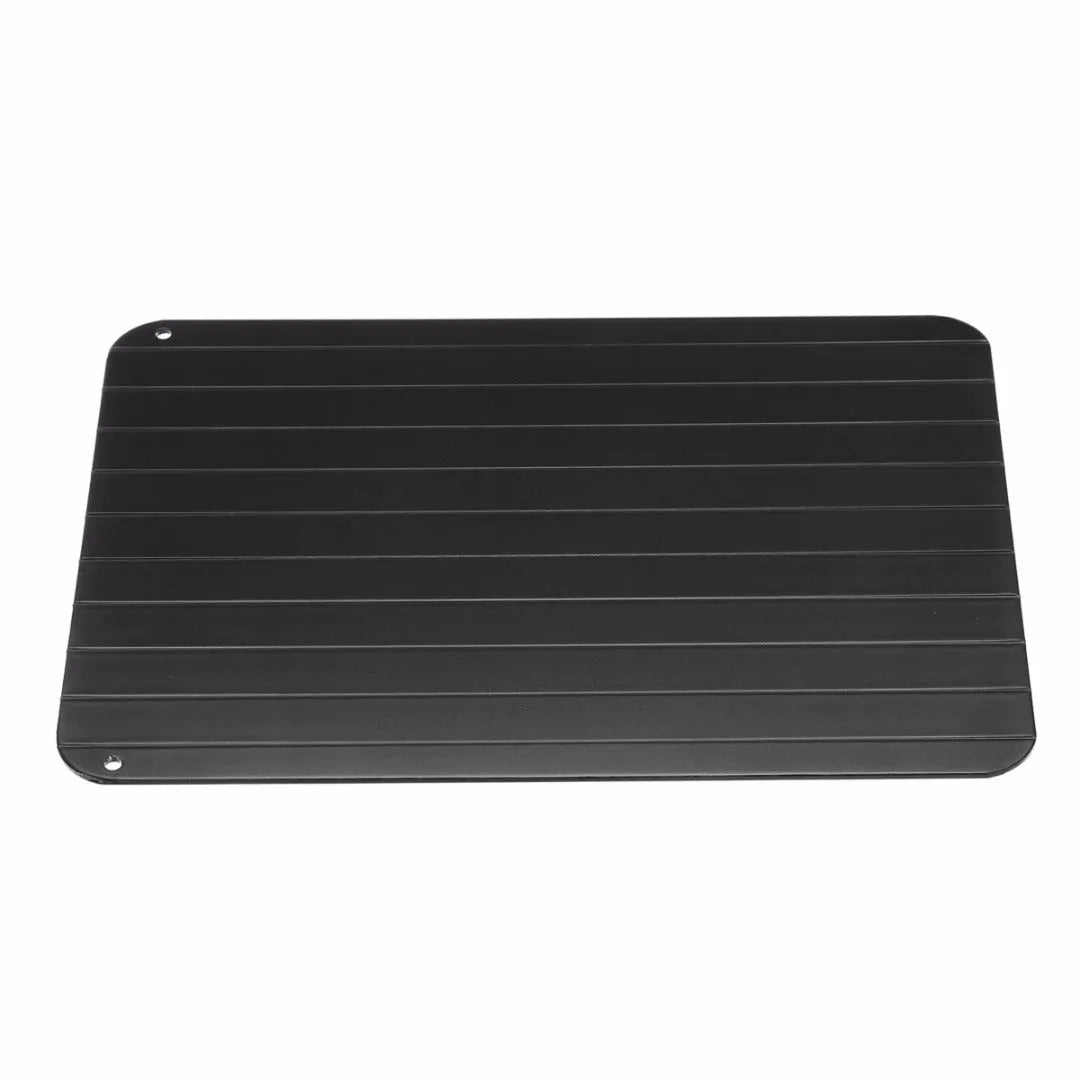 Black aluminium defrosting tray for thawing frozen meat without microwave