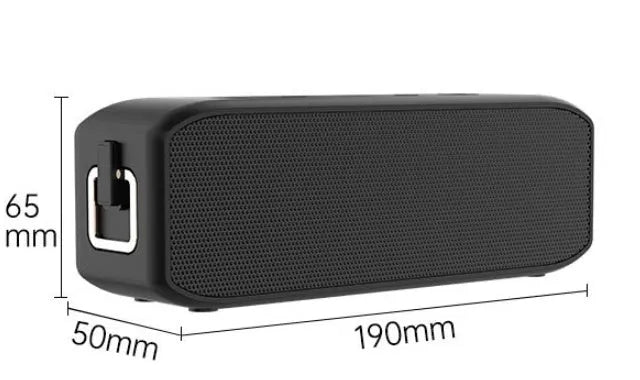 Black waterproof wireless Bluetooth speaker with 20W output and 12-hour battery