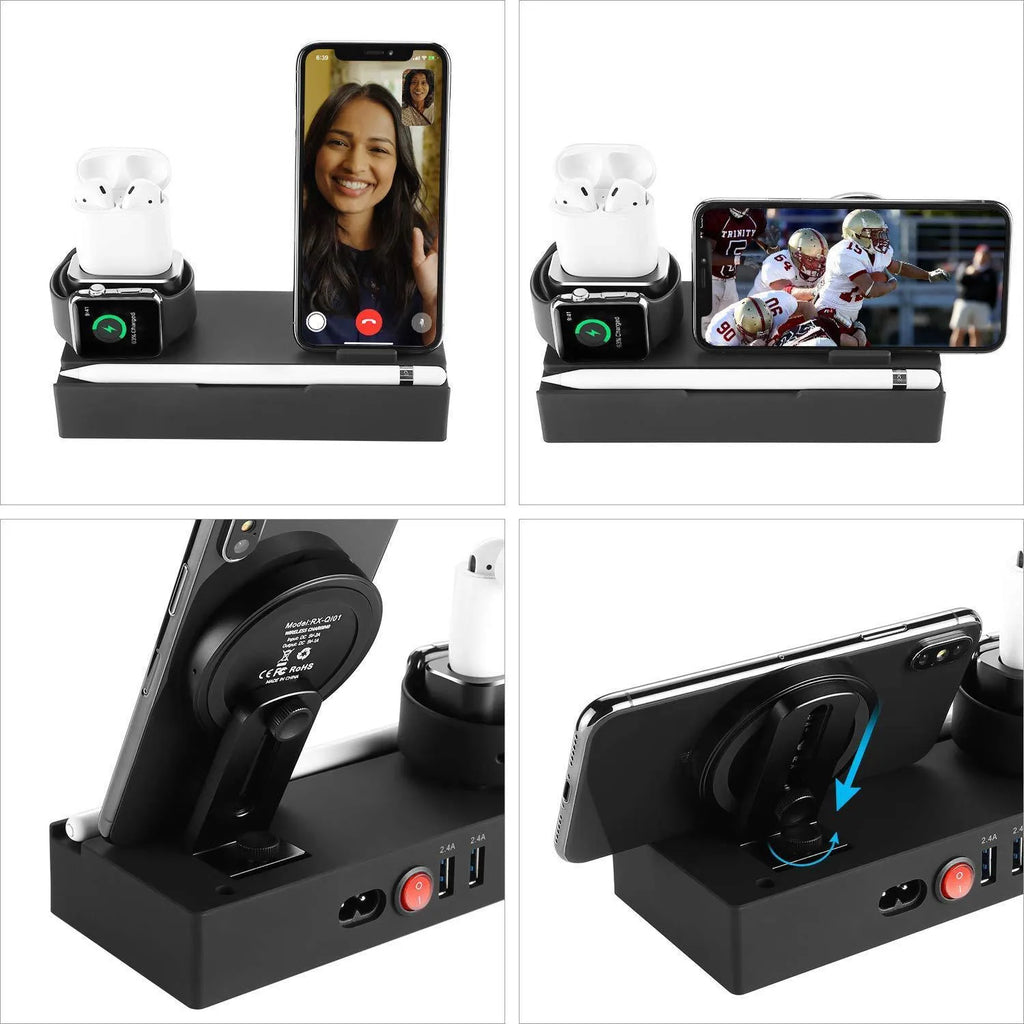 Black eight-port wireless charging bracket with USB ports and fireproof ABS+PC construction