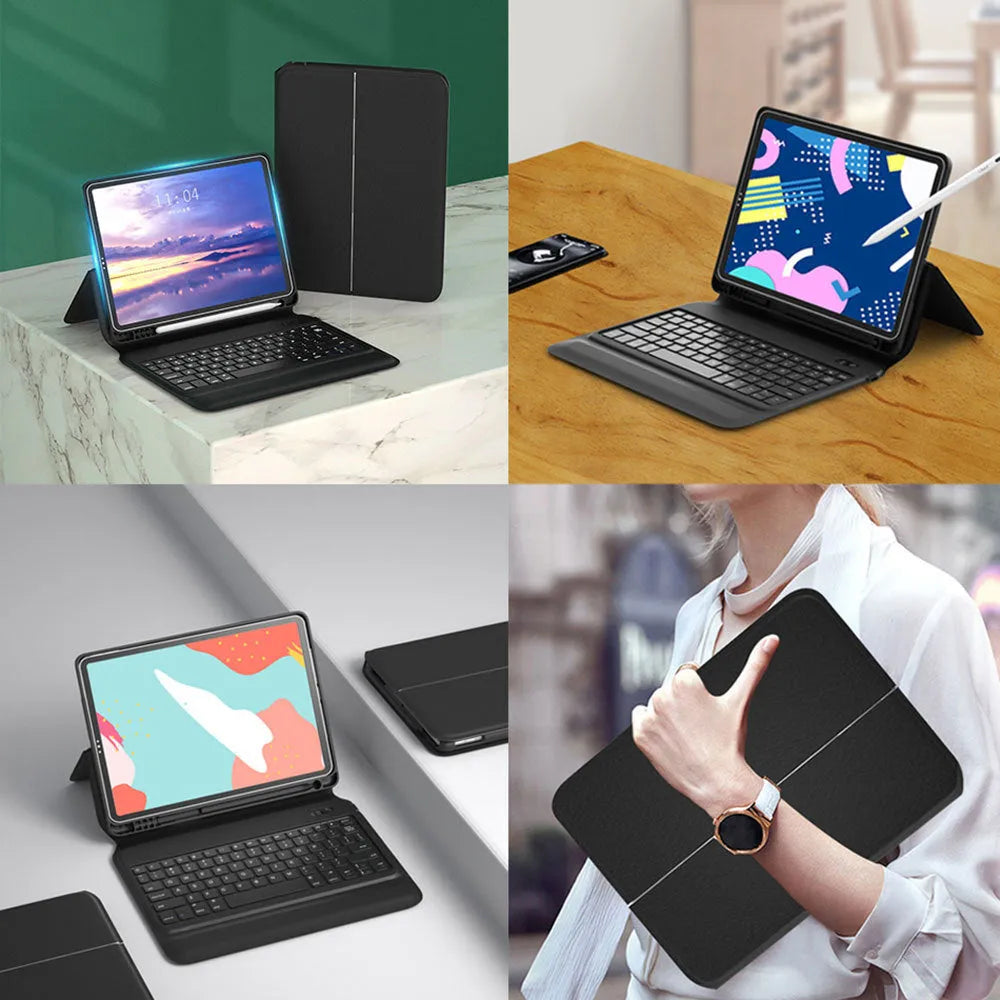Black ultra-thin wireless Bluetooth keyboard leather case for iPad in flip-style design