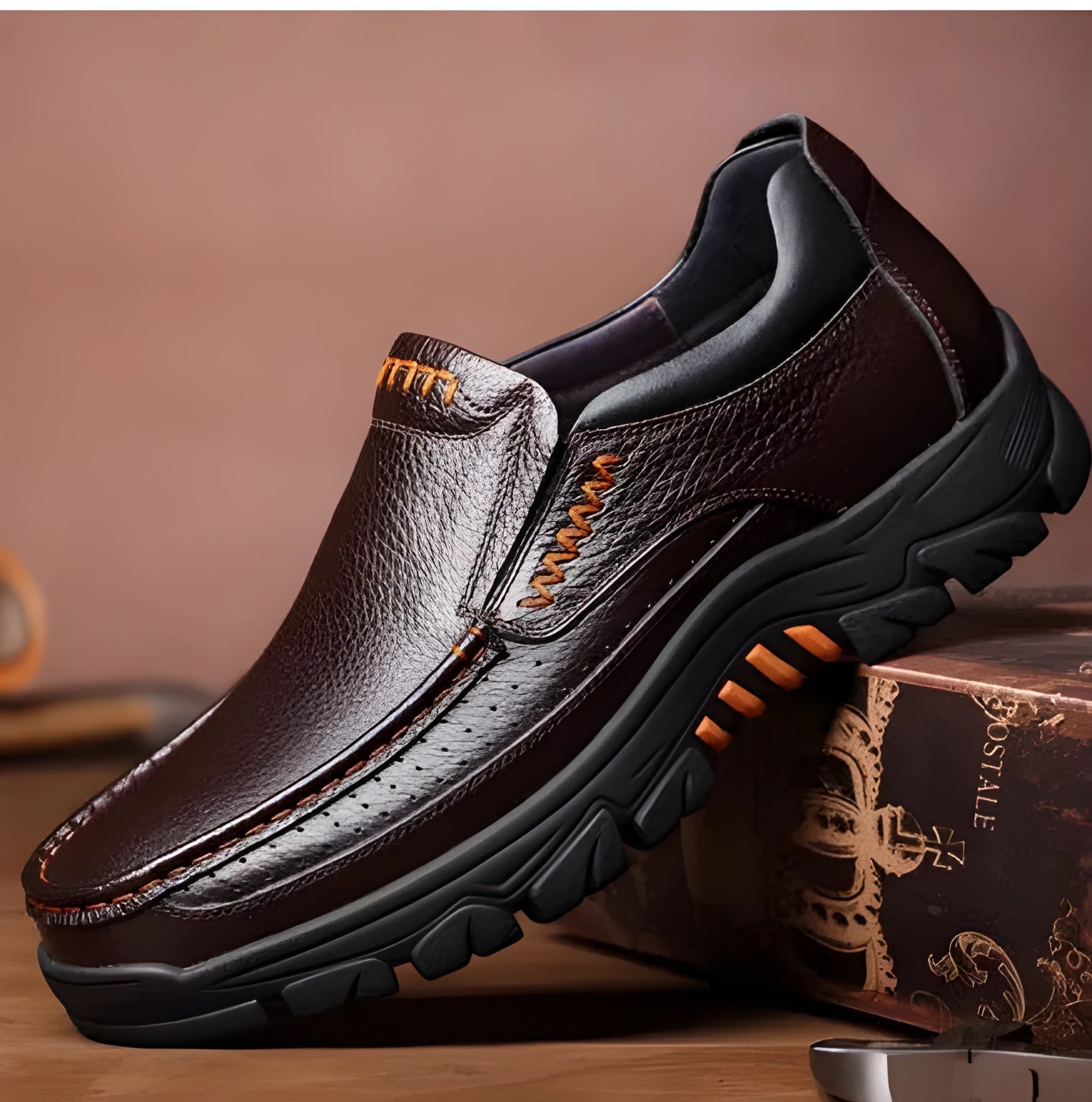 Men's black and brown business casual slip-on shoes made from cowhide leather with rubber soles