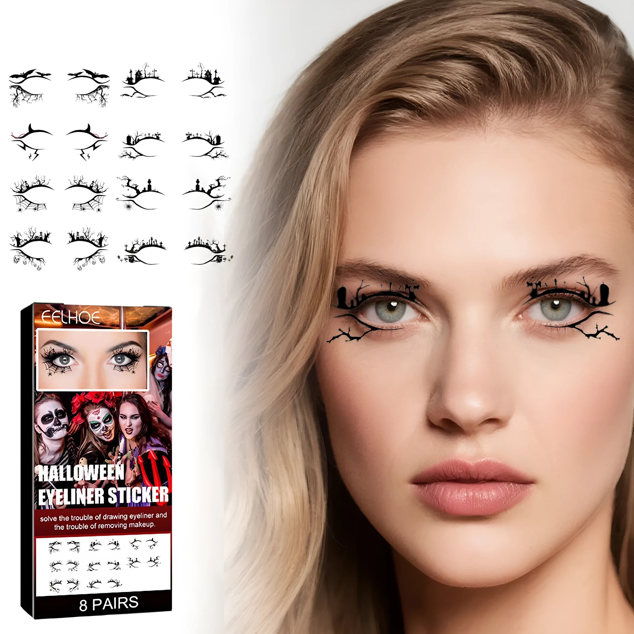 Halloween bat and spider decorative eyeliner stickers set with 8 pairs of temporary cosmetic accessories