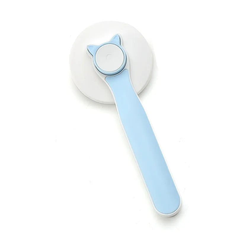Self-cleaning pet grooming slicker brush with blue handle and stainless steel bristles
