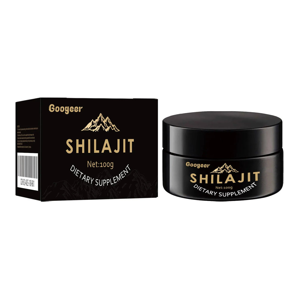 Googeer Shilajit dietary supplement body care solution kit showing 100g net content.