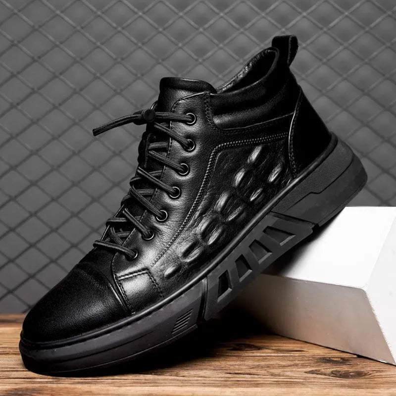 Men's black high-top board shoes with microfiber upper, rubber sole, and sewn detailing