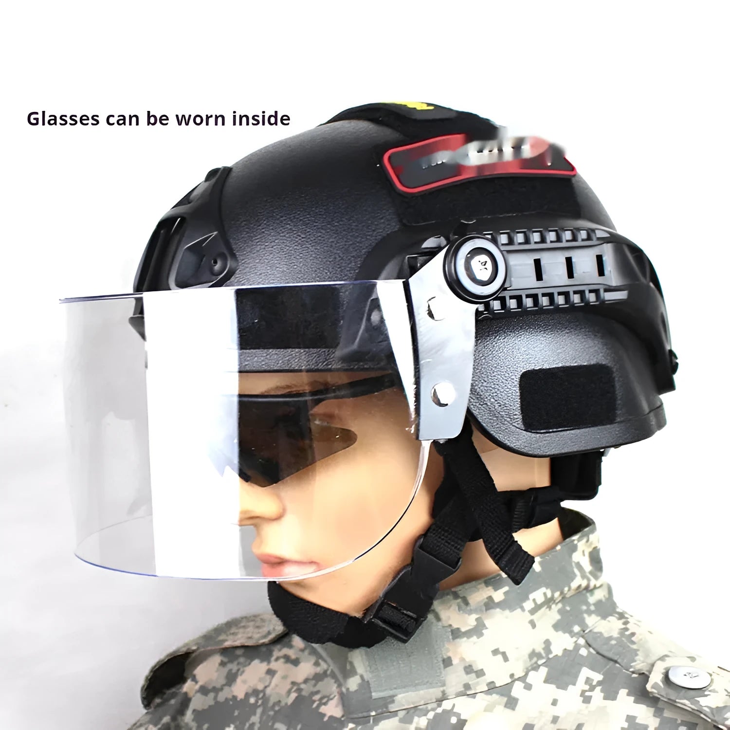 Transparent polycarbonate anti-riot tactical helmet with attached face mask in Army Green colour