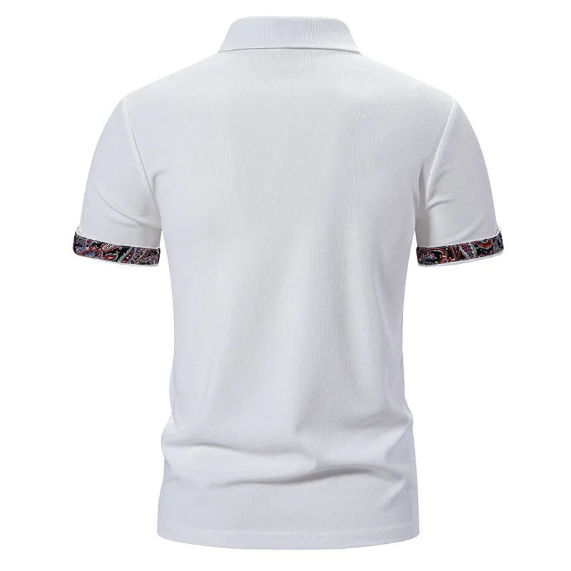 Men's white cotton blend polo shirt with turnover collar and colour stitching on short sleeves