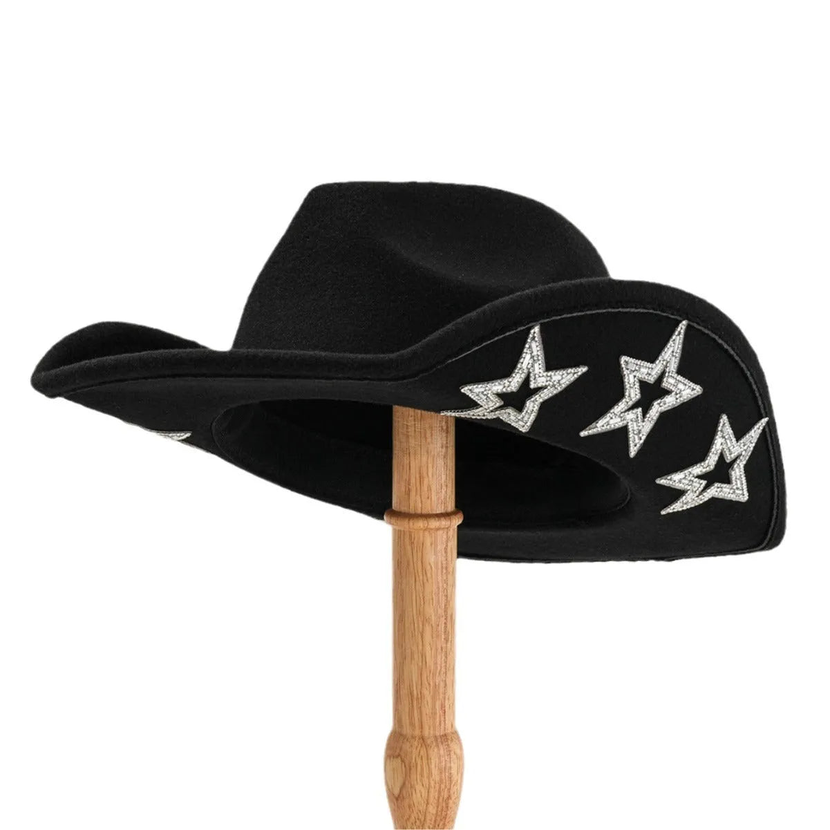 Beige wool felt western cowboy hat with a hexagonal star on the side, conical crown.