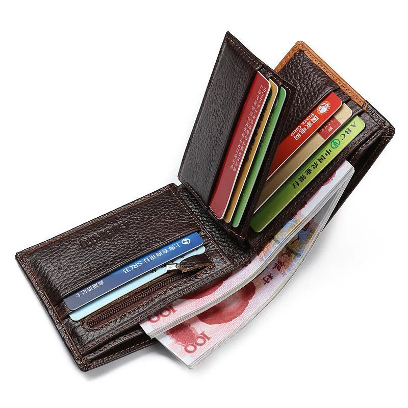 Soft brown cowhide men's wallet open, showing card slots, bill compartment, and zippered coin section with contrast stitching.