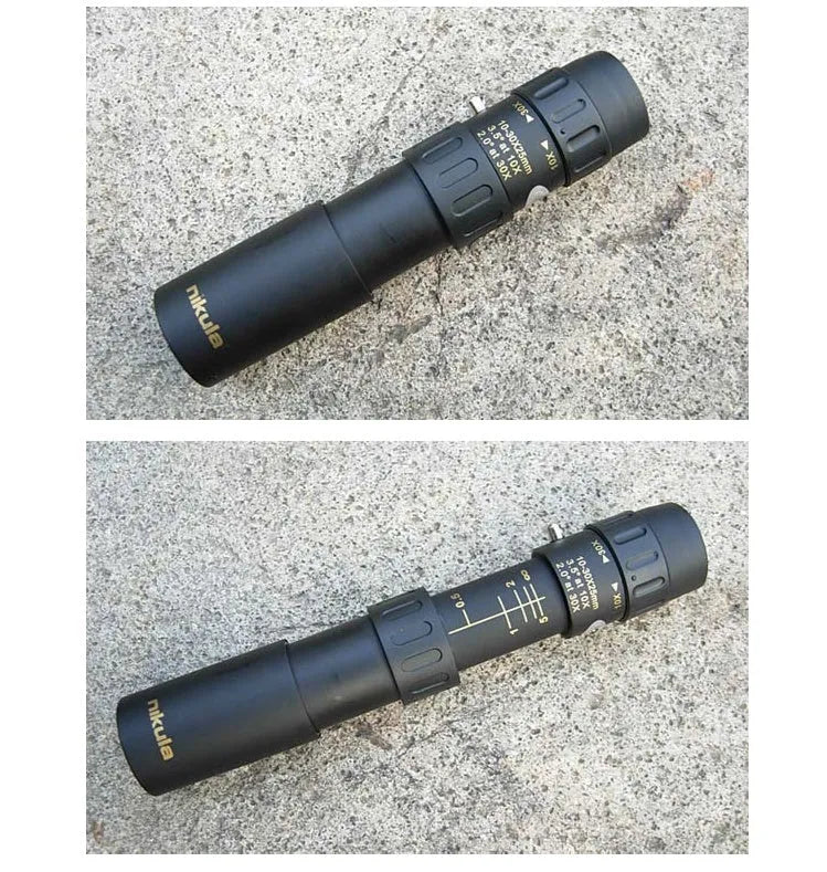 Nicholas 10-30x25 telescope in black, collapsed size 127mm, with zoom ring and rubber grip