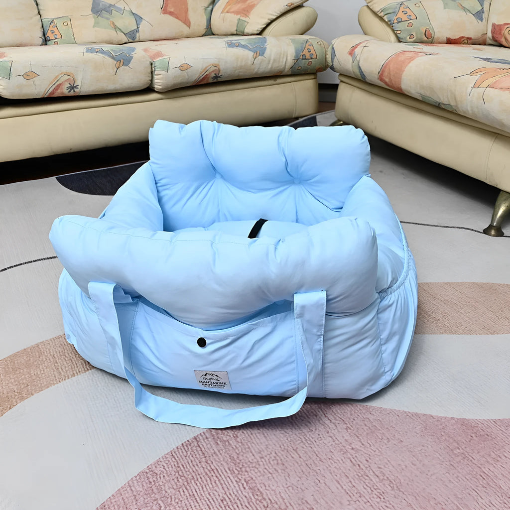 Portable cloth dog car kennel with net pockets shown in light blue, army green, striped, and dark blue colour options.
