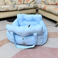 Portable cloth dog car kennel with net pockets shown in light blue, army green, striped, and dark blue colour options.