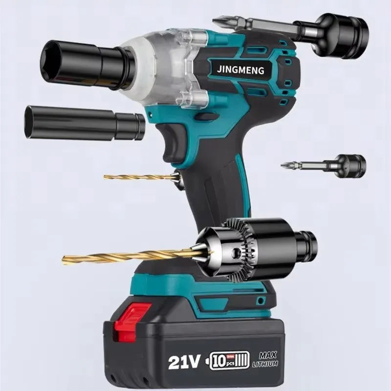 21V brushless electric impact wrench power tool with battery and 12.4mm chuck.