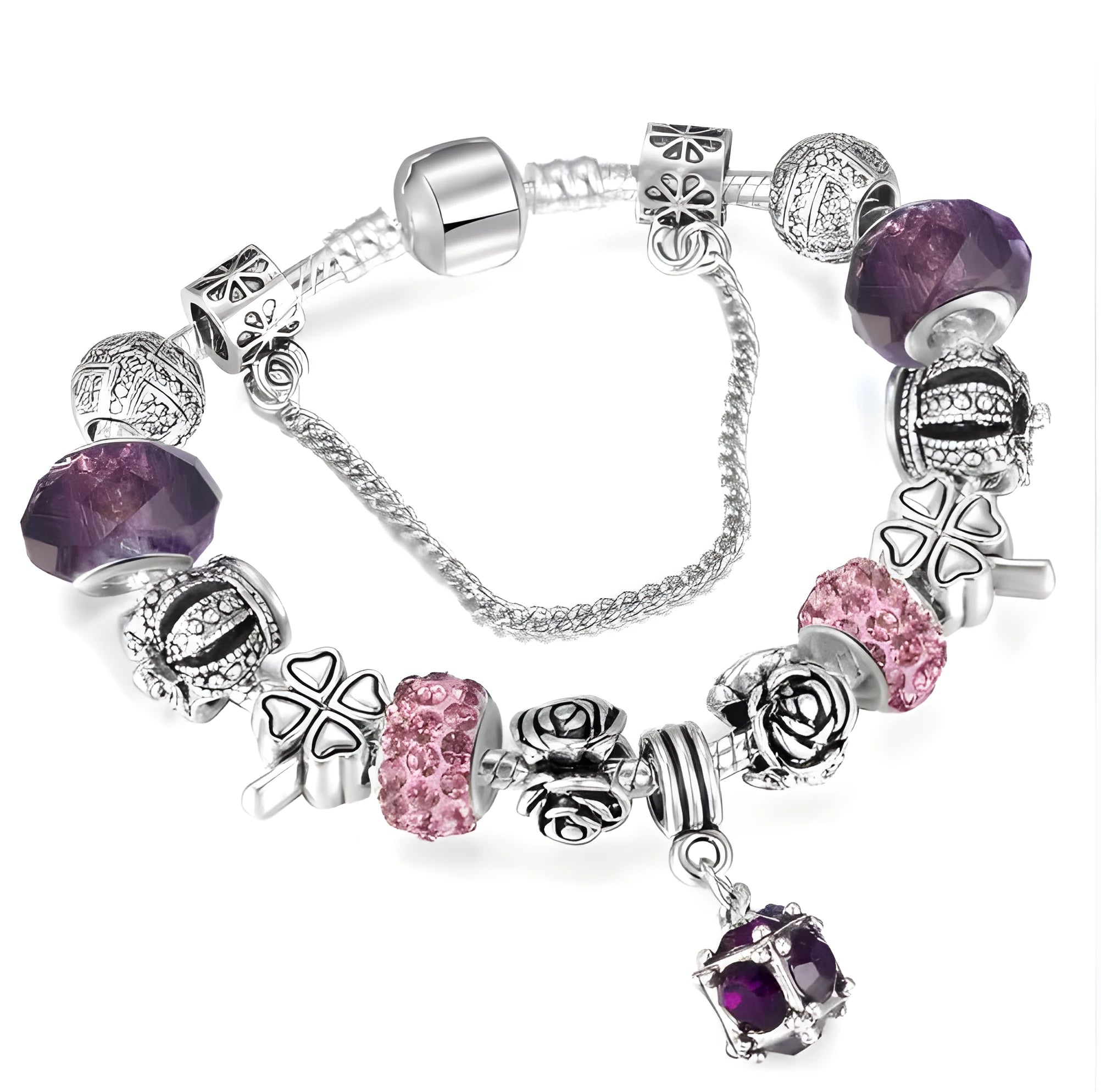 Multi-strand beaded bracelet with alloy, glazed, and crystal beads in six colour options and 18-21cm lengths