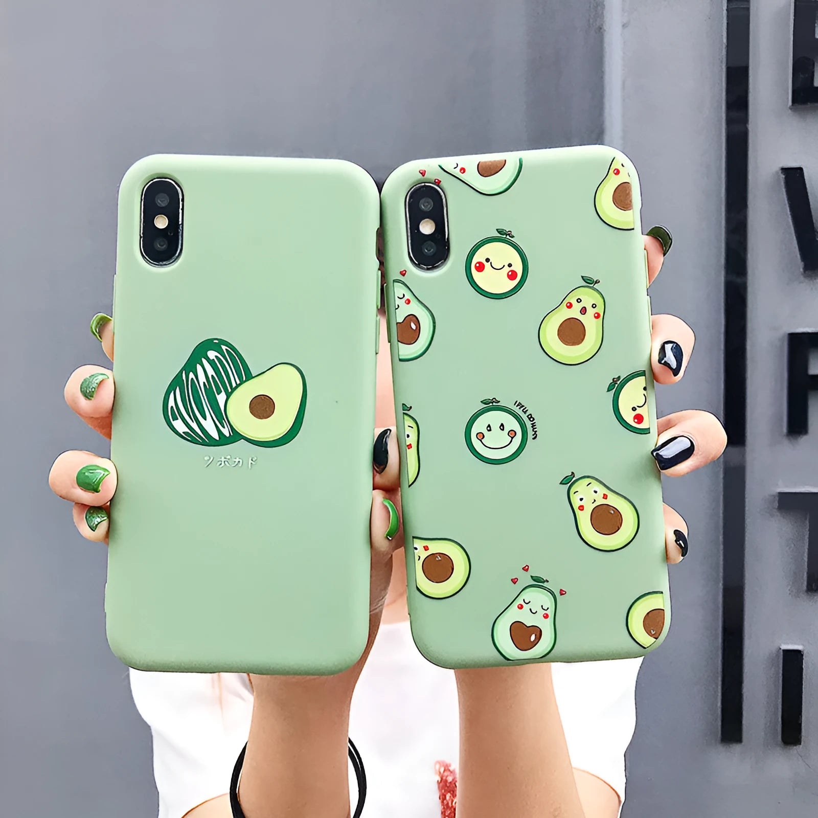 Cartoon avocado design on a green and pink TPU iPhone back cover for iPhone 11.
