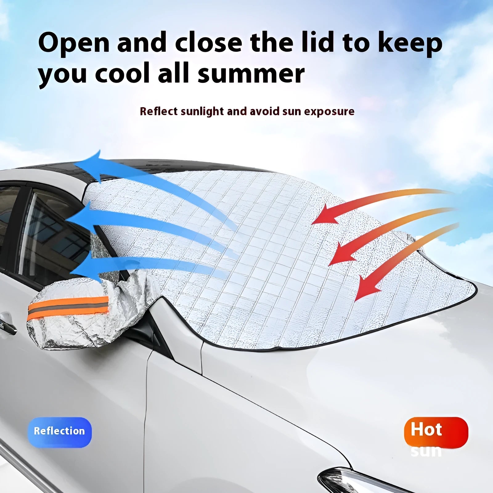 Thickened aluminium foil winter car cover for SUV windshields with magnetic fasteners and reflective stripes