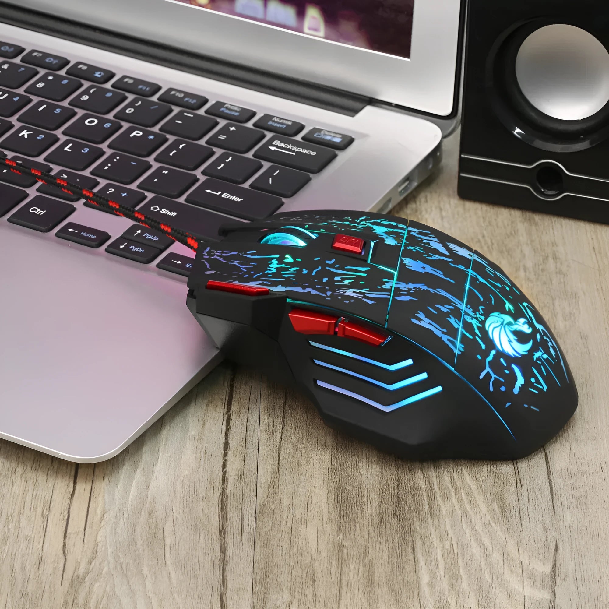 Water Crack H300BK black gaming mouse with RGB lighting effects and USB cable