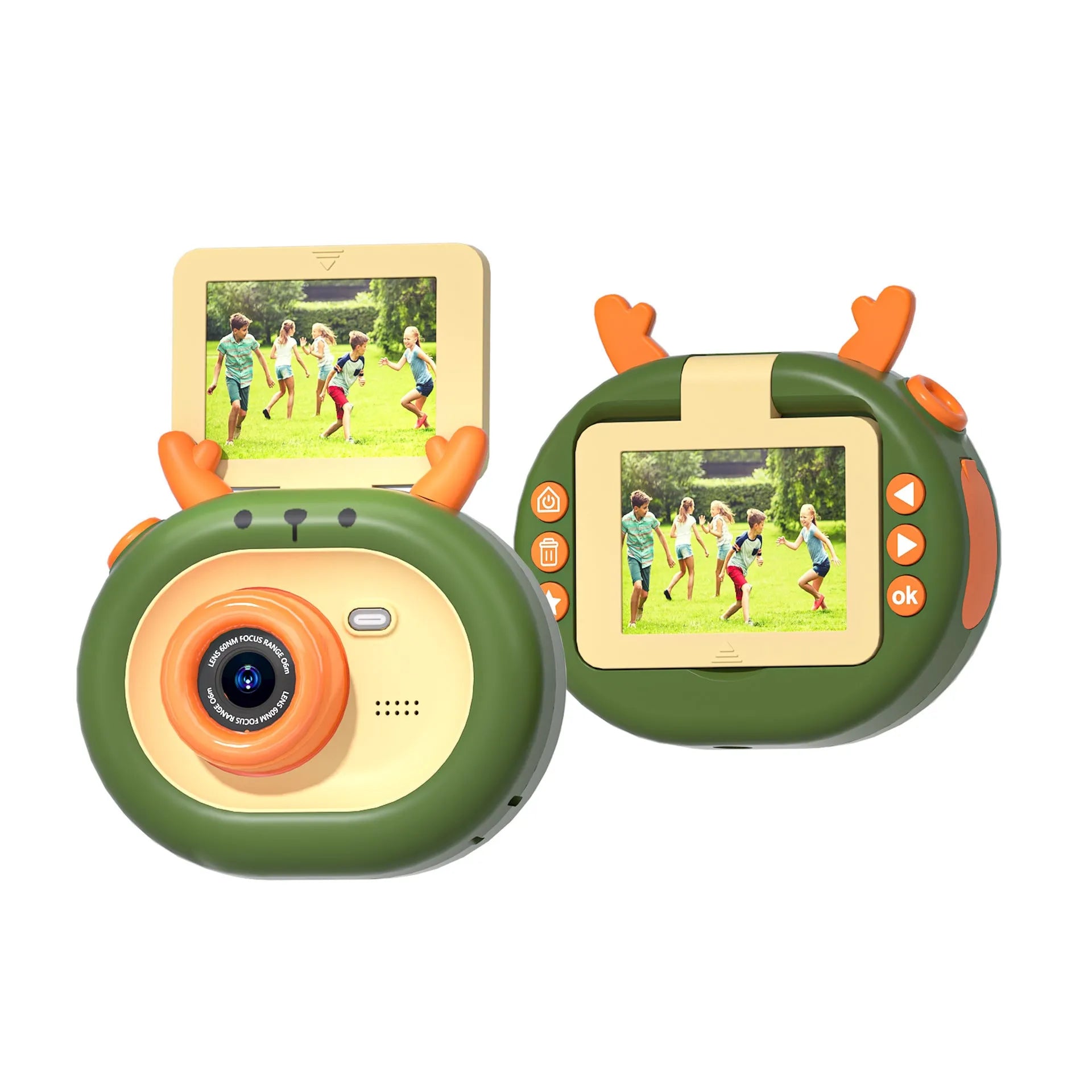 Purple and dark green children's digital camera with flip screen, silicone case, and lanyard.