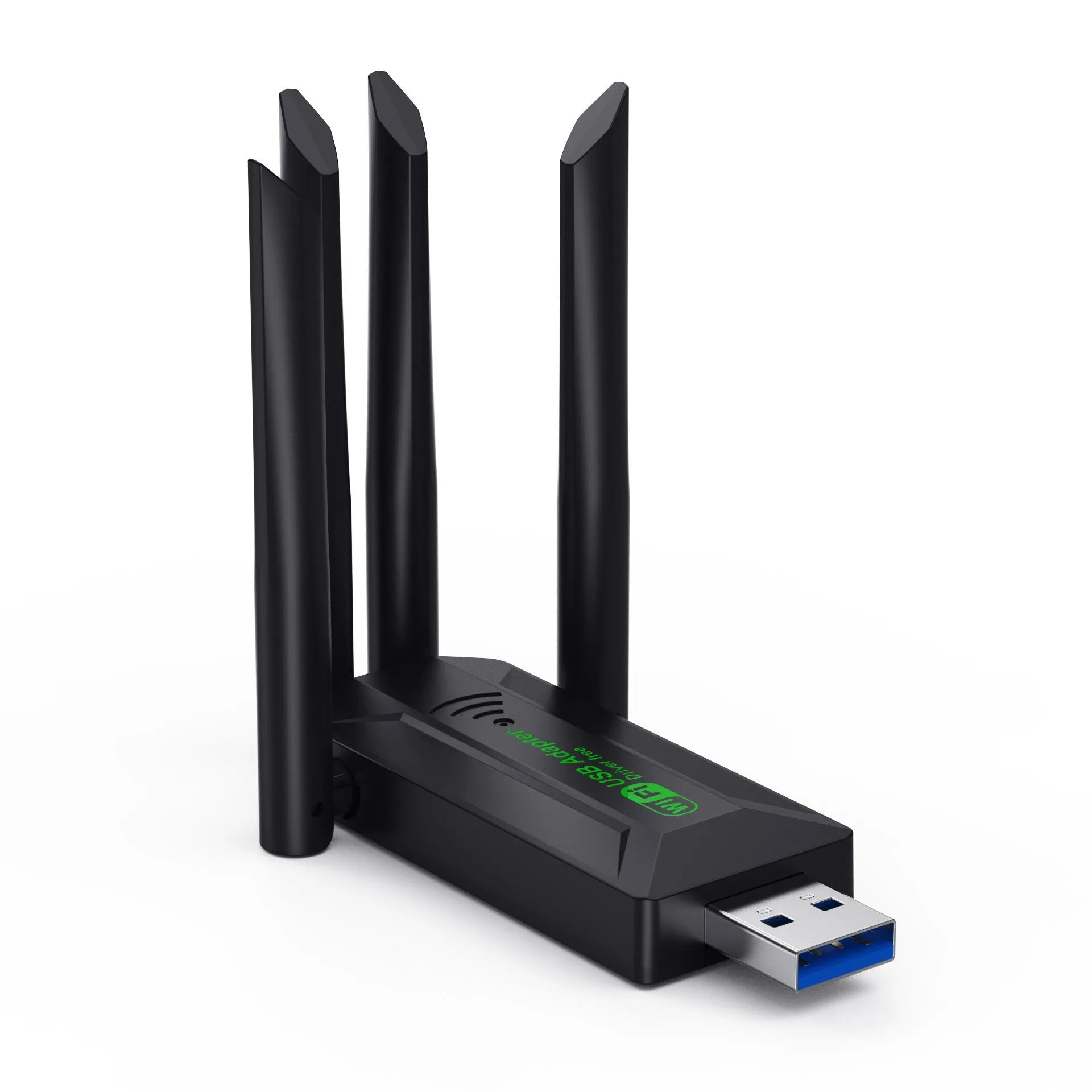 Black external USB network transmitter device with four extended antennas.