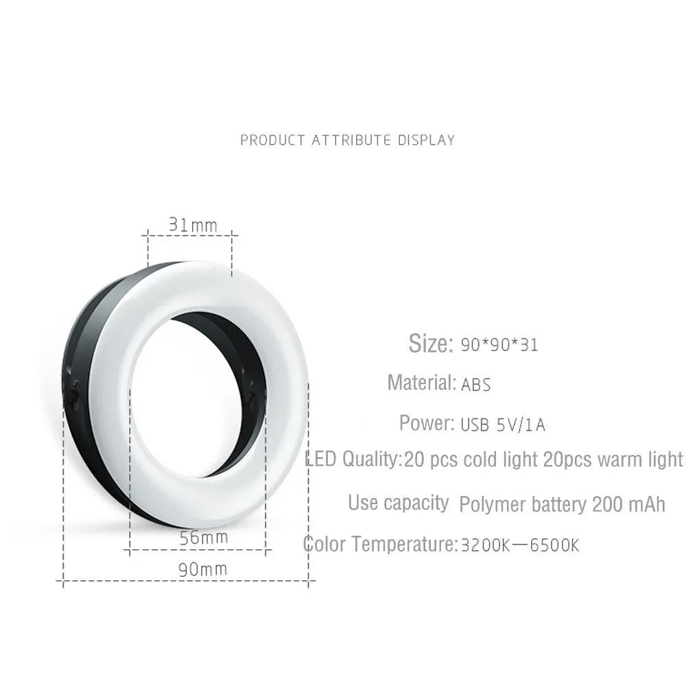 Black LED selfie ring light for mobile phones with USB cable, shown next to a smartphone.