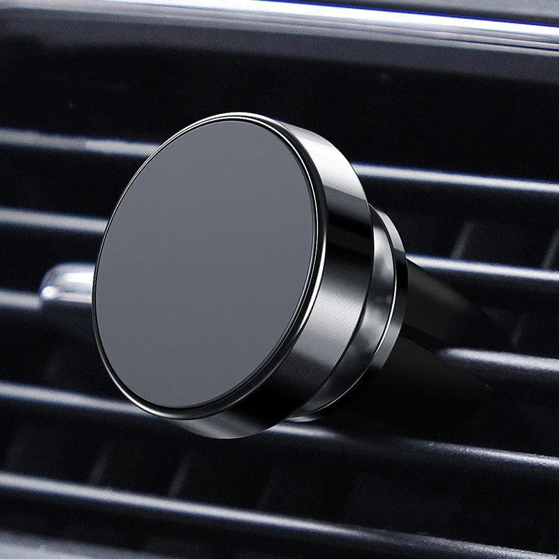 Aluminium alloy magnetic car phone holder in black, gold, or silver, showing paste and snap mounting styles.