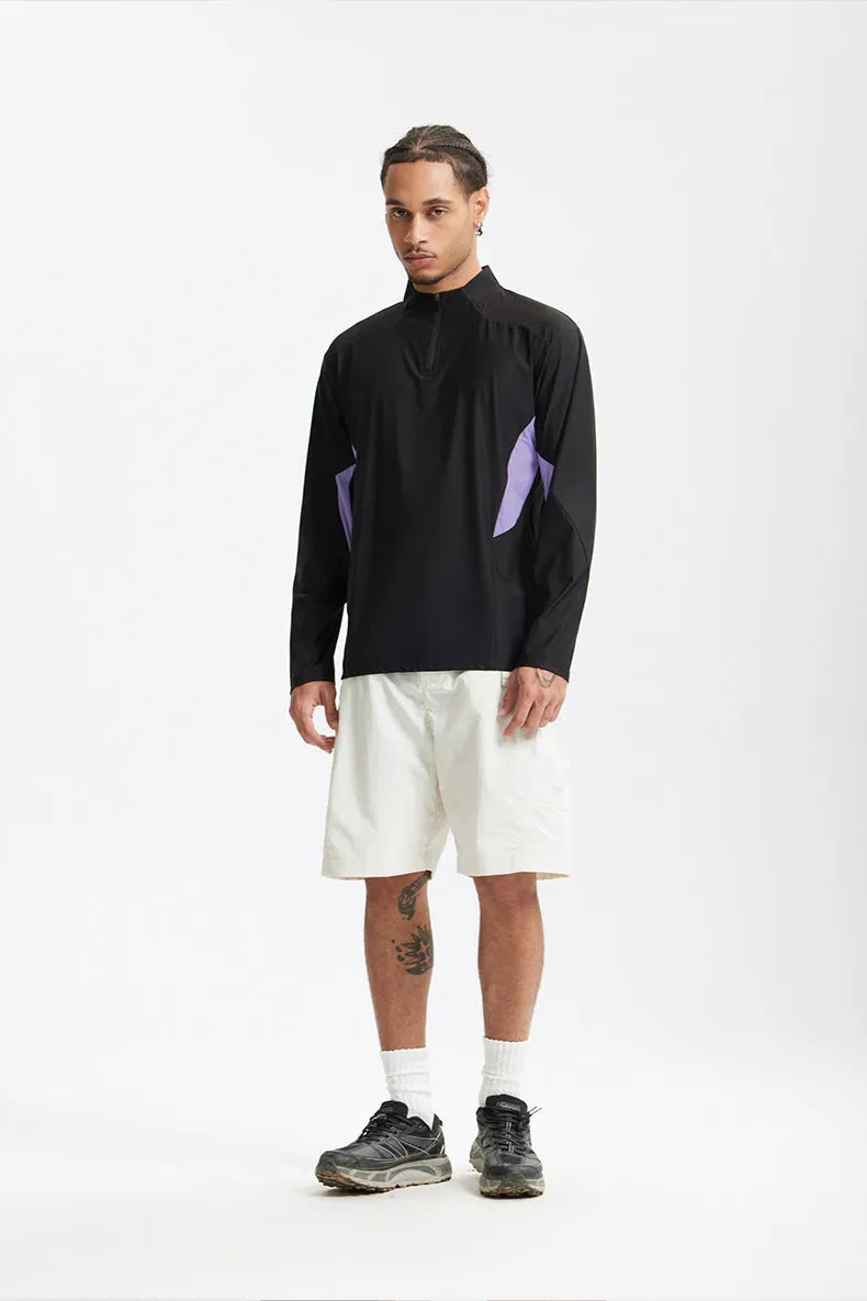 Men's black and beige polyester tops with stitching detail in long and short sleeve versions