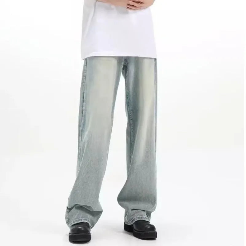Blue retro loose casual trousers made from rabbit fur fabric with high elasticity