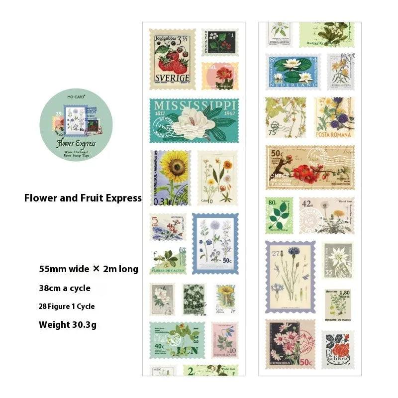 Roll of retro-themed decorative paper stickers for DIY journals, showing butterfly, forest, bird, and mushroom designs.
