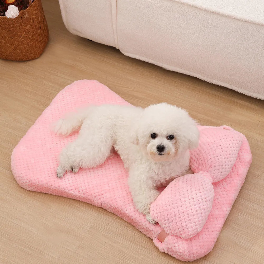 Soft plush pet bed mat with attached pillow in gray, available in large size 75x50x7cm for dogs and cats