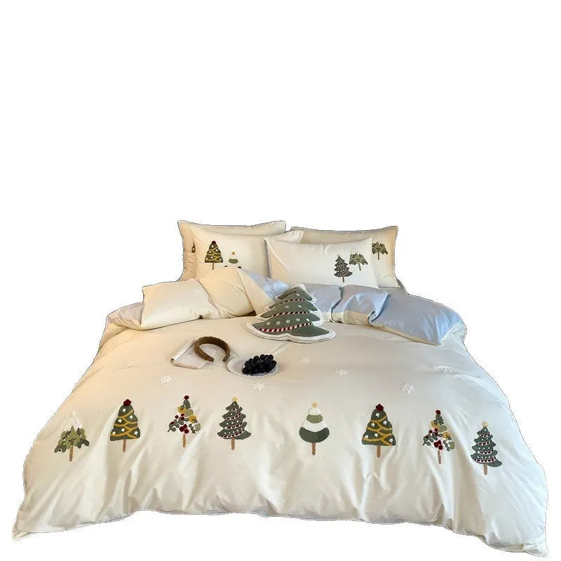 Cream Blue pure cotton duvet cover with raised towel embroidery of a Christmas tree and flowers, part of a four-piece bedding set.