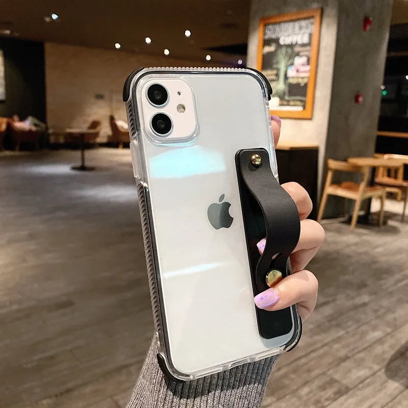 Clear two-tone silicone phone case with a built-in stand, shown in various colours.