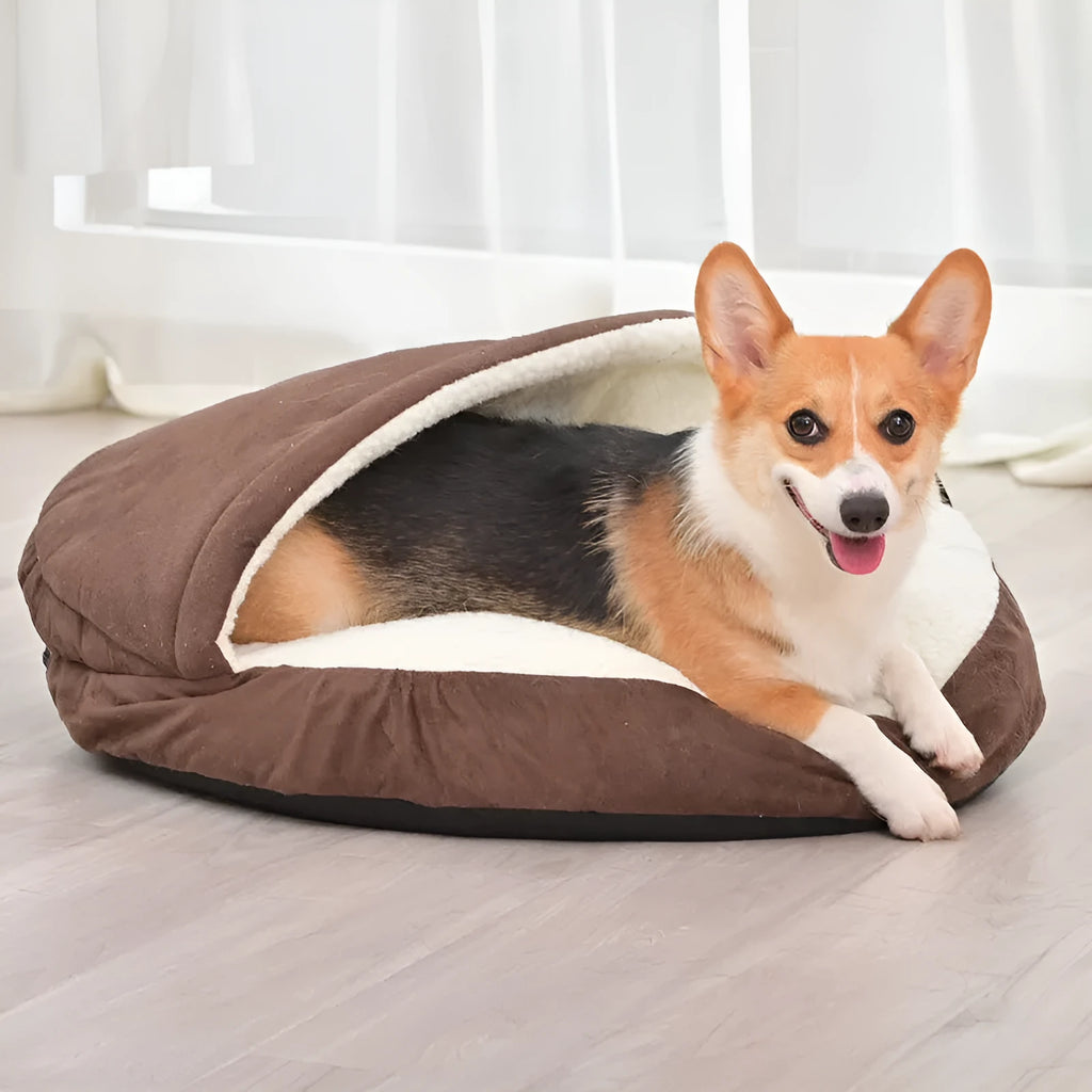 Brown cloth dog kennel with removable washable cover, shown next to a grey version.