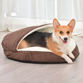 Brown cloth dog kennel with removable washable cover, shown next to a grey version.