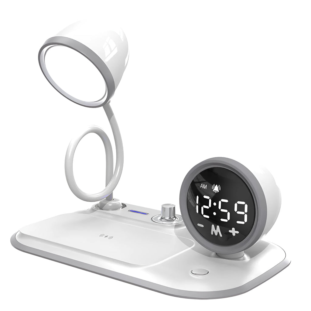 White three-in-one desk lamp with wireless charging pad, digital clock display, and eye protection lighting