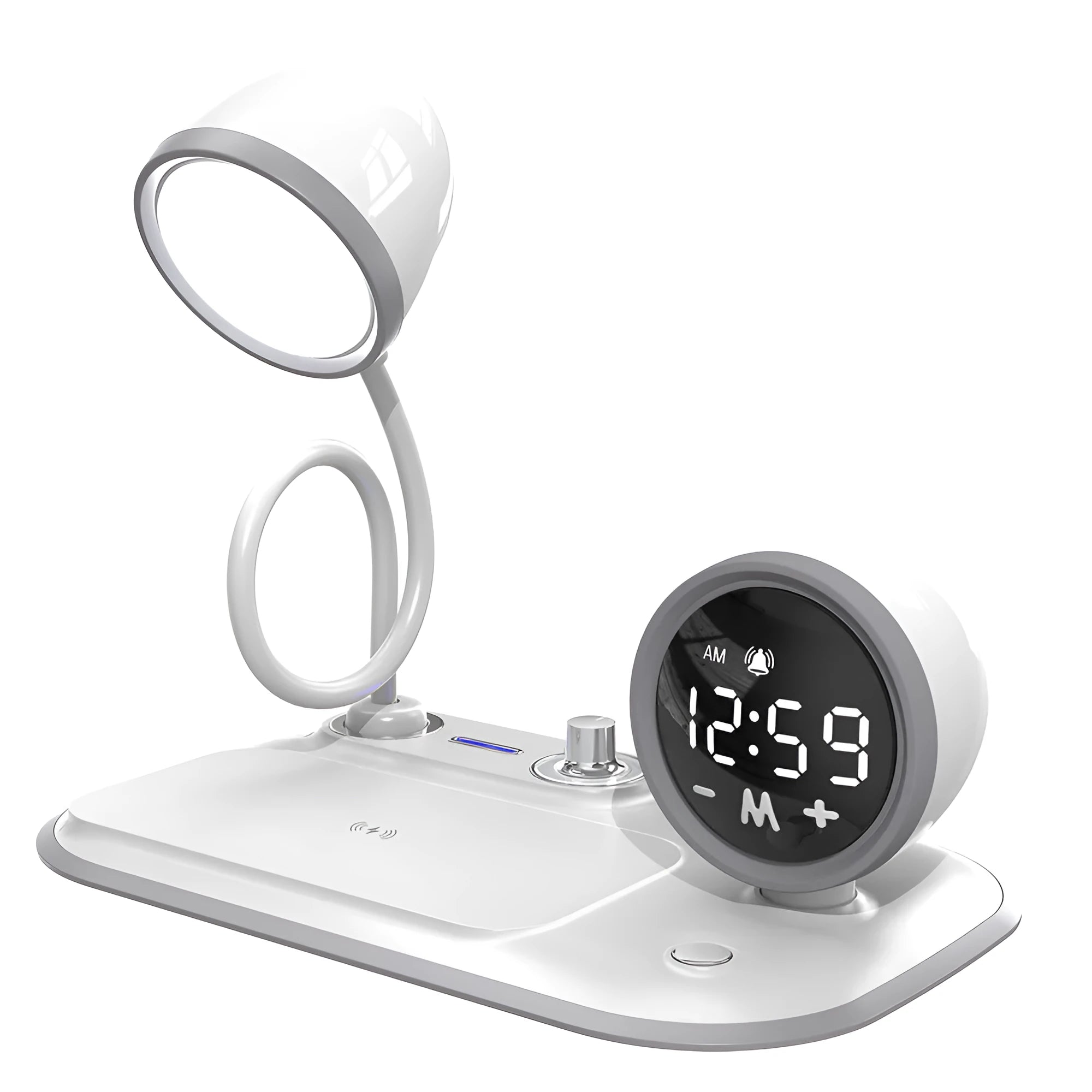 White three-in-one desk lamp with wireless charging pad, digital clock display, and eye protection lighting