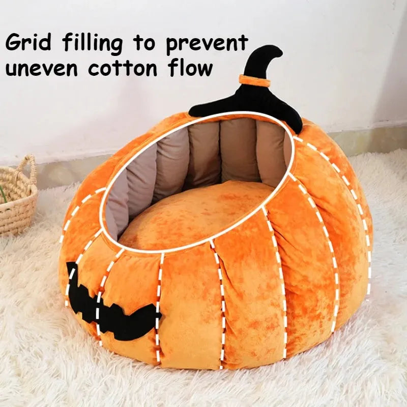 Halloween pumpkin devil design soft plush cat bed for small pets in black, orange, or pink.