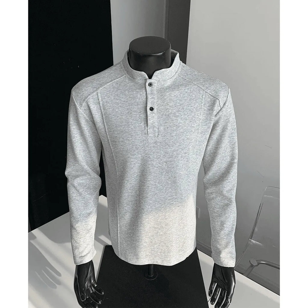 Men's loose-fit long sleeve polo shirt with an asymmetric design and stand-up collar in grey.