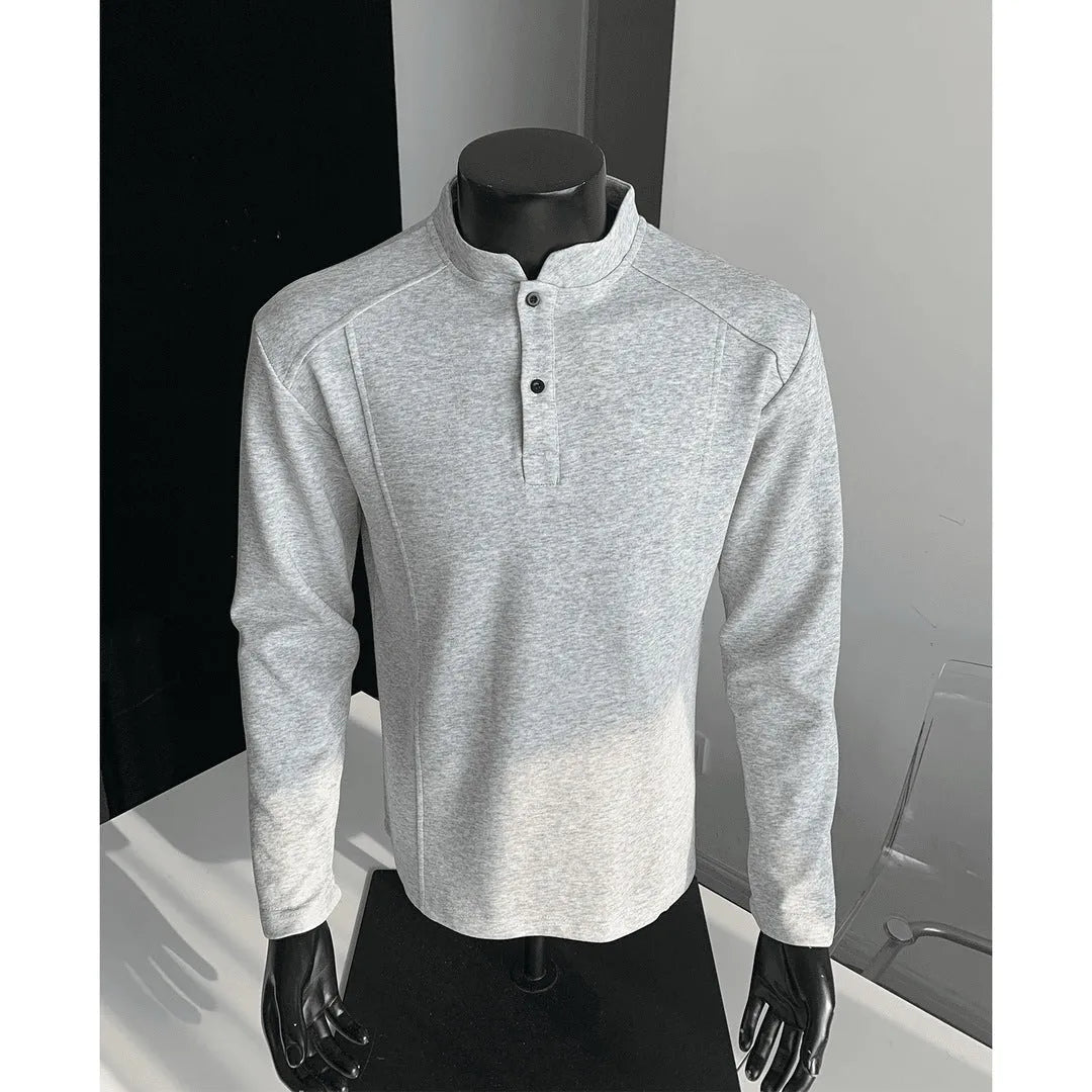 Men's loose-fit long sleeve polo shirt with an asymmetric design and stand-up collar in grey.