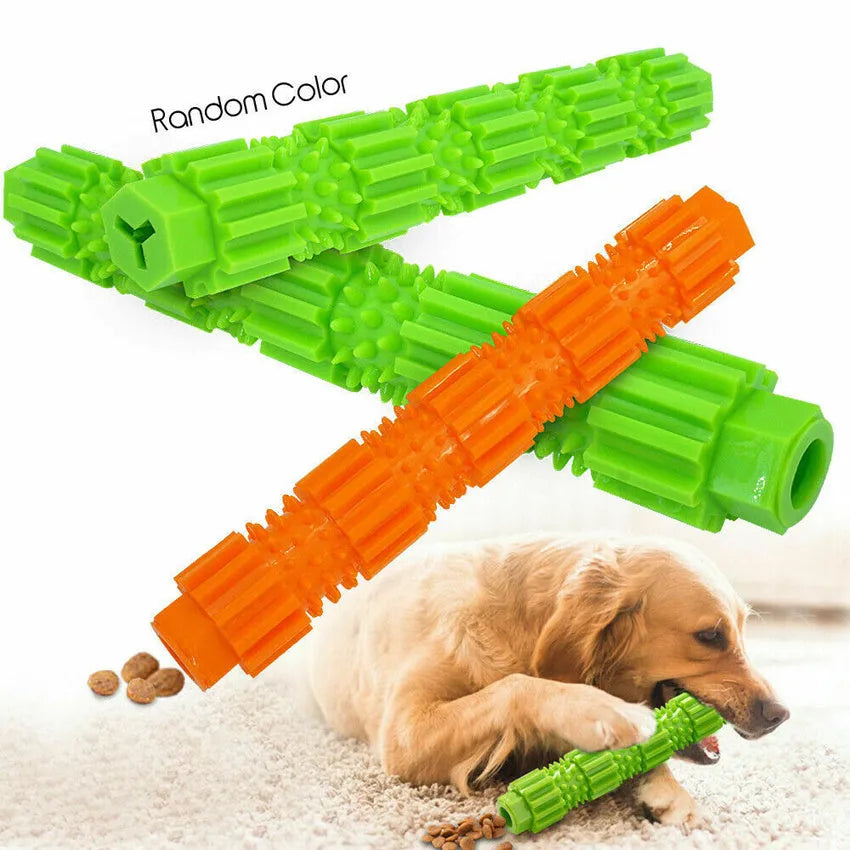 Green natural rubber dog chew toy with textured surface and hollow centre for treats.
