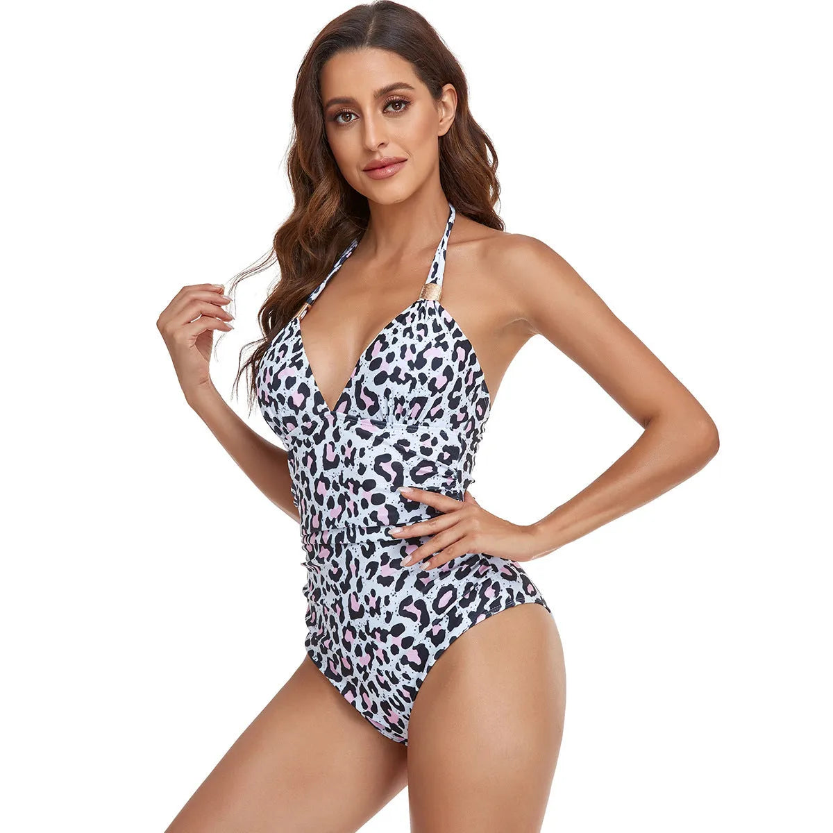 Backless women's one-piece swimsuit available in leopard print and multiple colour options