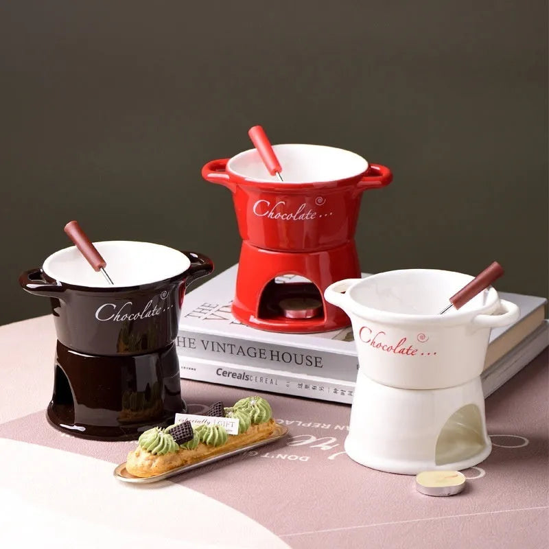 Ceramic binaural hot pot cup in red with wooden handle and candle for melting chocolate