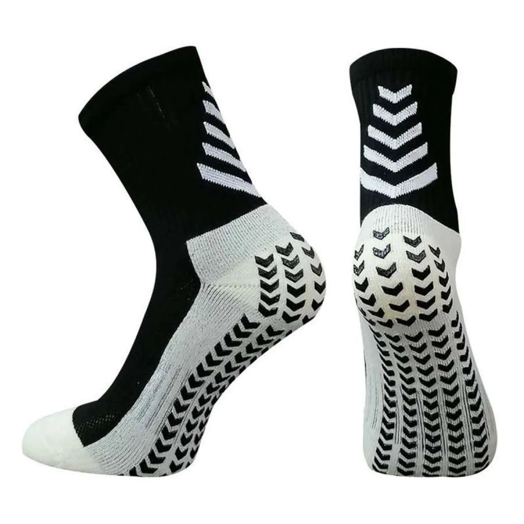 Men's colourful mid-calf athletic socks with a geometric pattern and non-slip silicone soles.