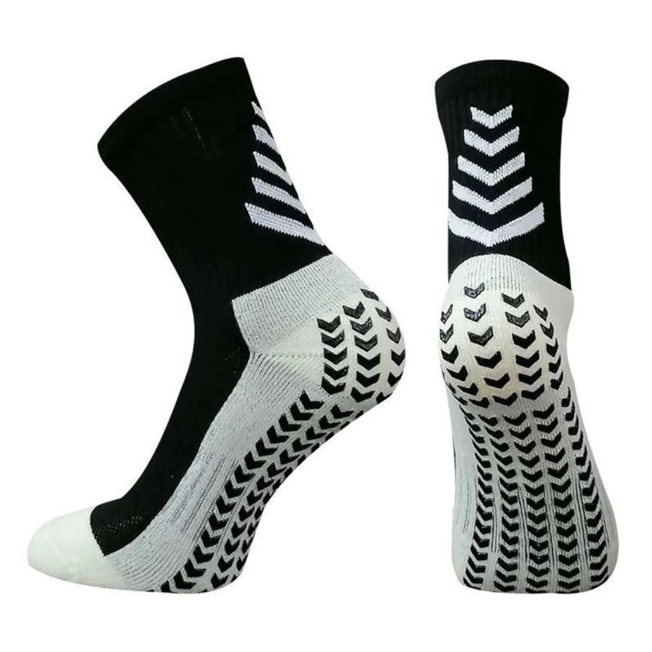 Men's colourful mid-calf athletic socks with a geometric pattern and non-slip silicone soles.