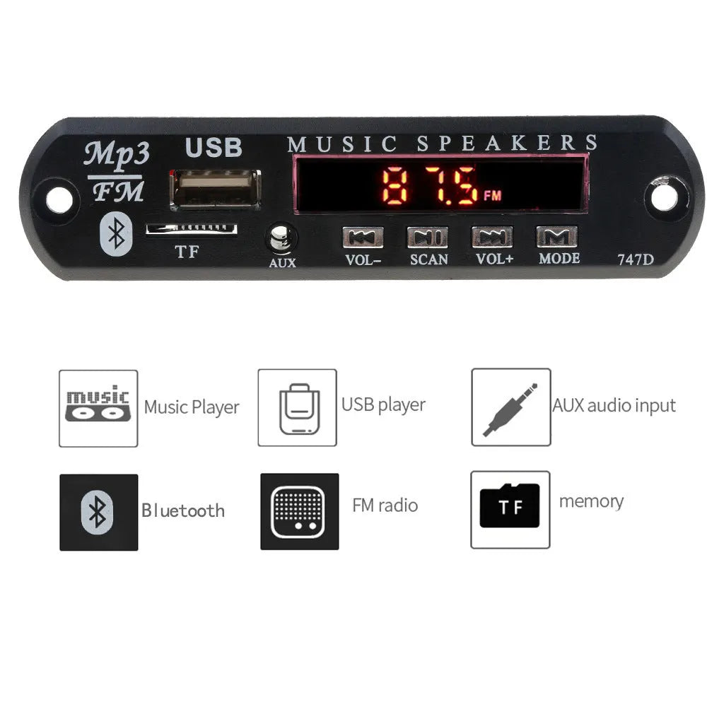 Bluetooth MP3 decoder board with FM radio function, remote control, 106 by 25 by 38 mm, 130 grams, hardware construction