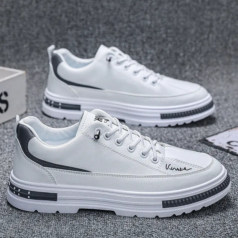 Men's white low-top platform sneakers with elastic band and round toe.