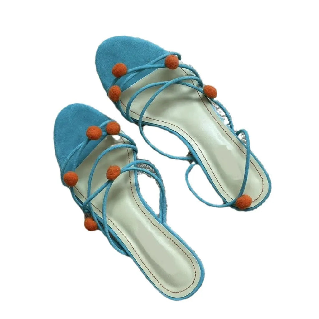 Cyan genuine leather women's sandals with lace-up straps, open toe, and a niche ball high heel.
