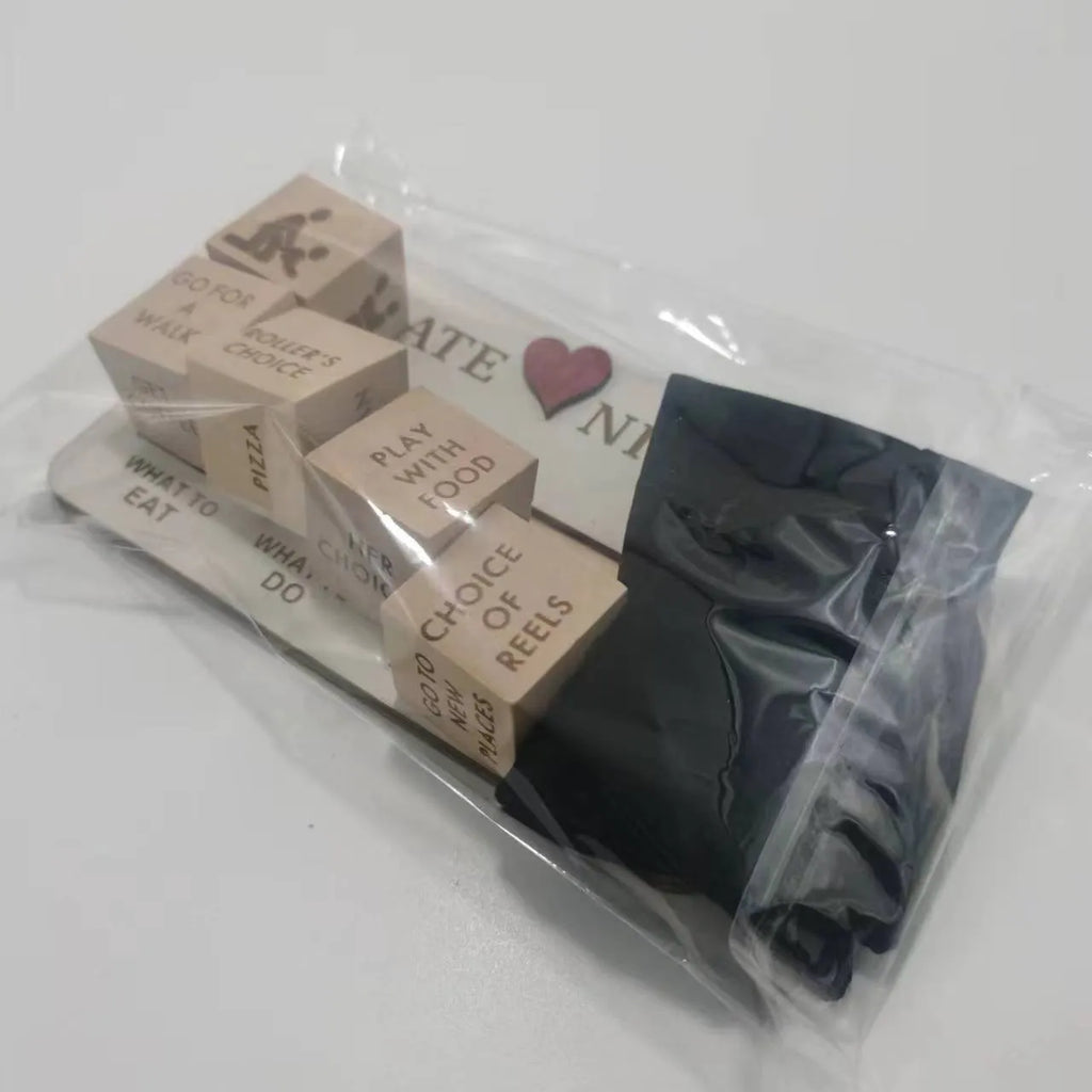 Wooden date night dice set showing five dice, planner board and black storage bag for couples