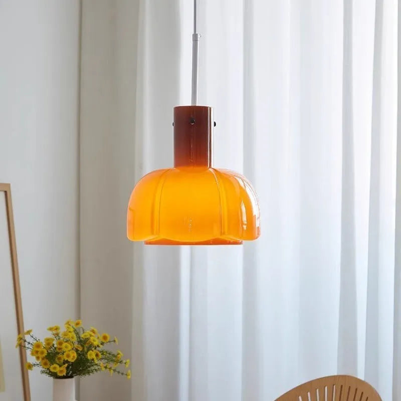 Medieval-style glass bud pendant chandelier light fitting in a retro design.